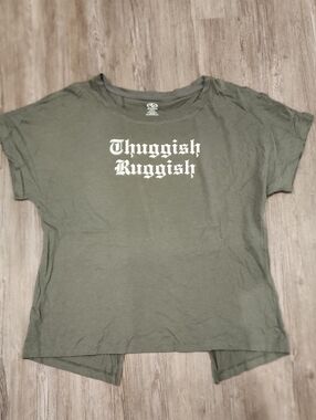 “Thuggish Ruggish” Graphic Tee | Olive Green Split Back Top | Street Aesthetic